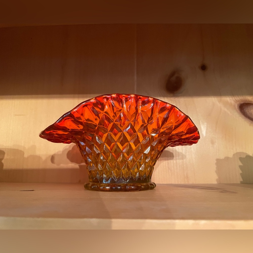 Vintage Amberina Glass Diamond cut ruffled edge bowl.